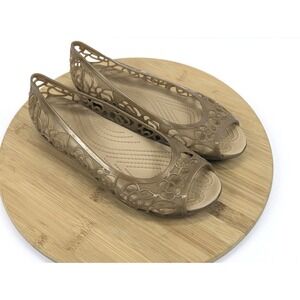 Crocs Isabella Jelly Flats Womans 8 Cut Out Brown Bronze Peep Toe Sandals Vaca